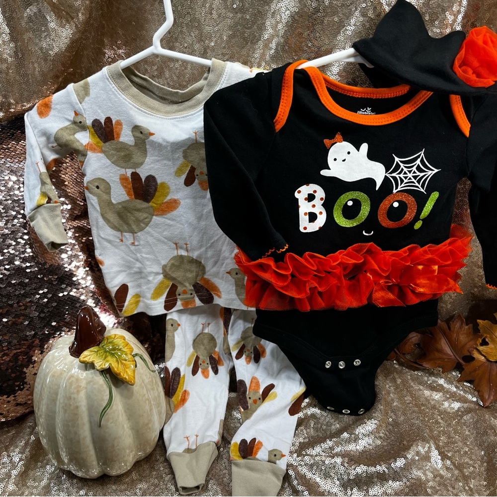 Halloween & Thanksgiving Fall LOT of 2 - Ghost and Turkey (size 3-6 months)